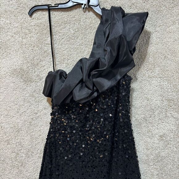 Mignon Maxi Gown Dress Women's 6 Black One Puff Shoulder Sequined Sheath Stretch - Picture 2 of 14